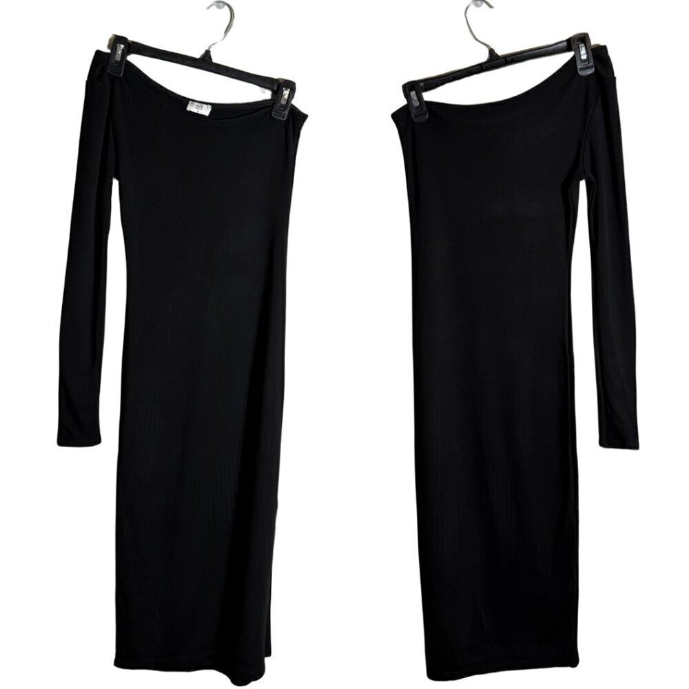 NLT One Shoulder Jersey Bodycon Midi Dress Women's Small Black Side Slit LBD